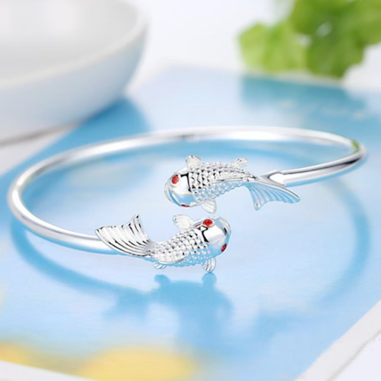 Silver-tone double koi fish red-eye bracelet