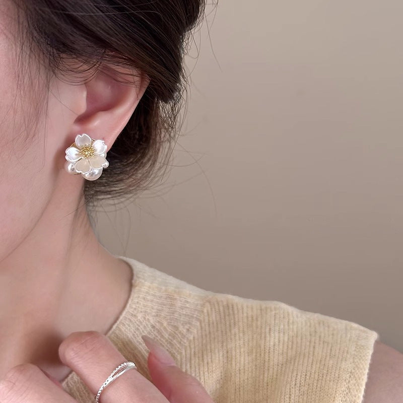 White faux pearl flower stud earrings - view 2