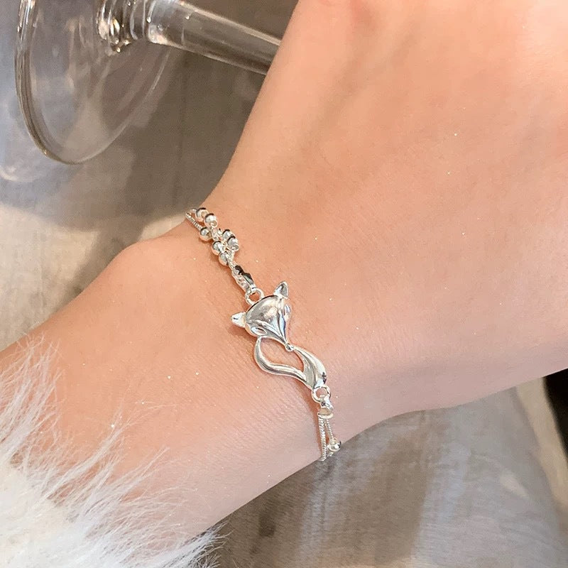 Silver-tone double-layer fox charm bracelet