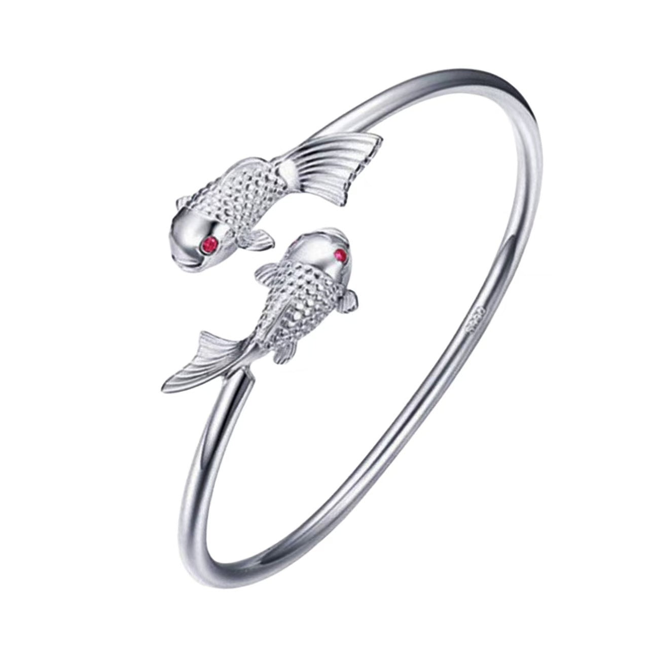Silver-tone double koi fish red-eye bracelet
