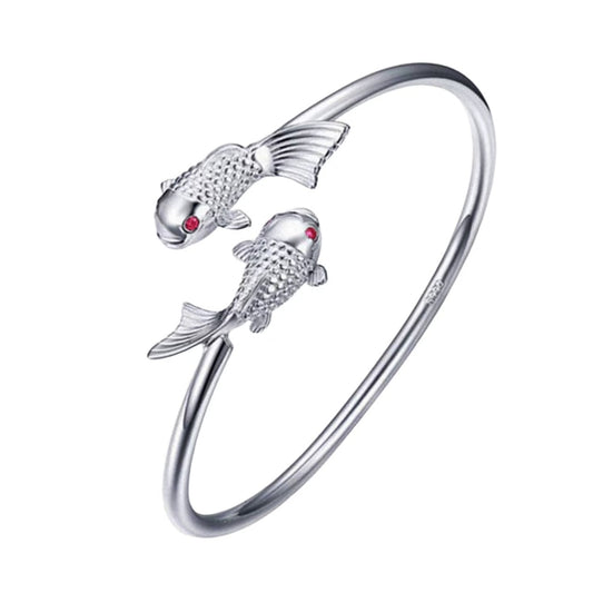 Silver-tone double koi fish red-eye bracelet