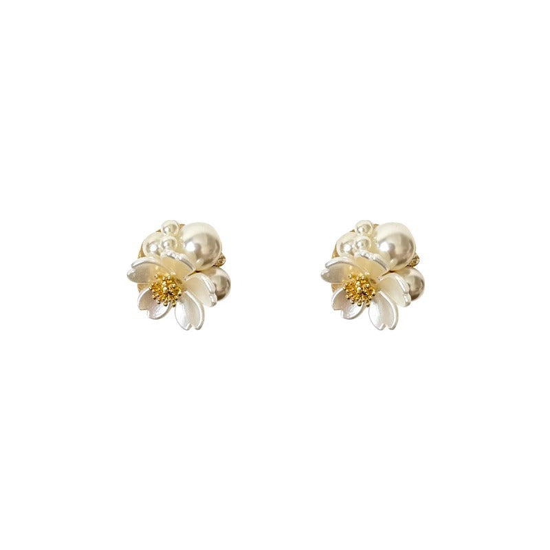 White faux pearl flower stud earrings - view 5