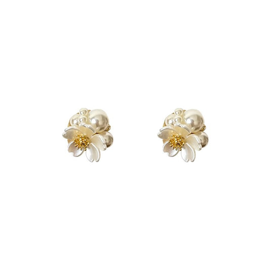 White faux pearl flower stud earrings - view 5