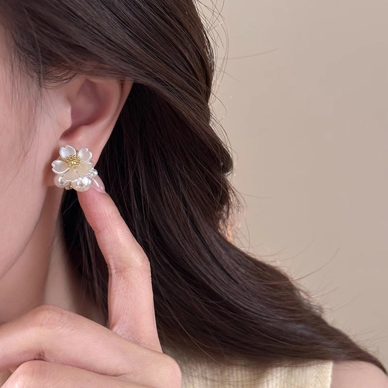 White faux pearl flower stud earrings - view 3