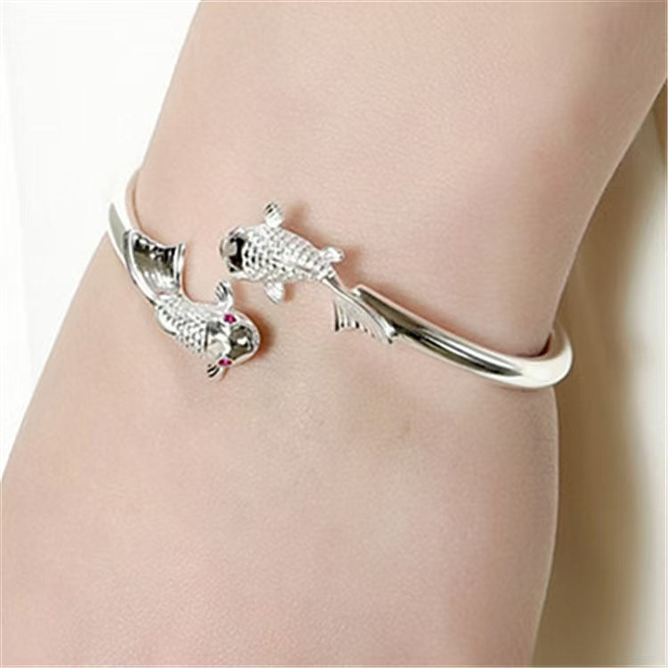 Silver-tone double koi fish red-eye bracelet