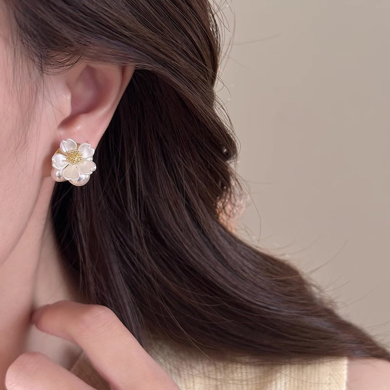 White faux pearl flower stud earrings - view 4